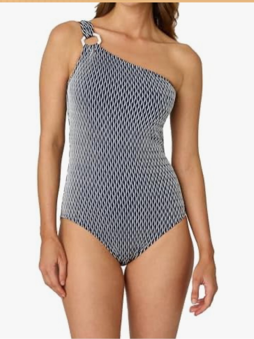 Shoshanna Navy and White One-Shoulder Ring-Detail One-Piece